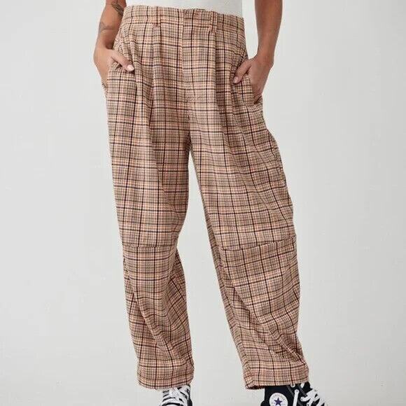 Free People Pants Womens 4 Plaid Turning Point Trouser Academia Relax Barrel - Picture 1 of 6